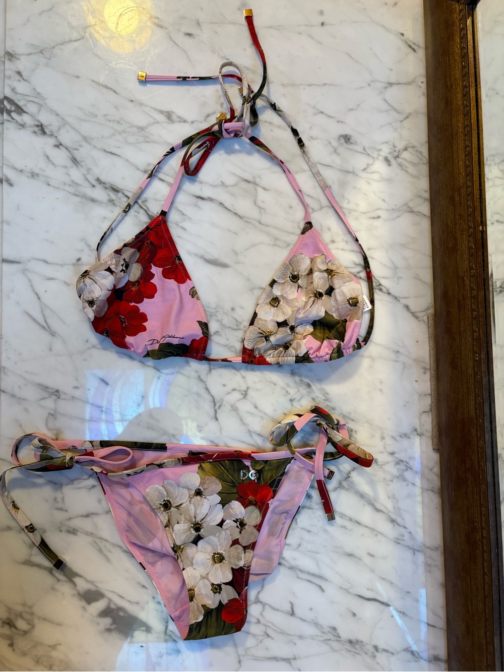 Dolce & Gabbana Pink Floral Tie Bikini Set